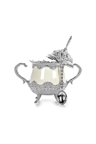 Kapaklı Ve Kaşıklı Lüks Porselen Şekerlik Lokumluk Gümüş