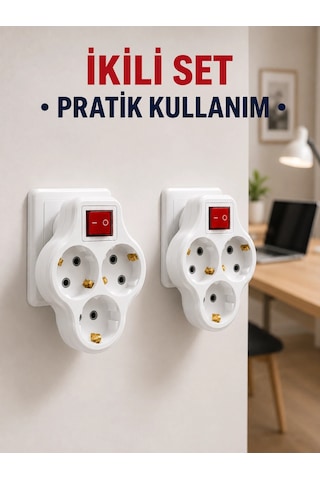 Kablosuz 3 Lü Priz Çoklayıcı Açma Kapama Anahtarlı Duvar Tipi 2 Adet Set 1