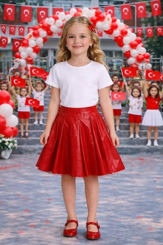 Her Şey Nota Kız Çocuk Kırmızı Deri Etek Kloş Model Okul Ve Bayram Etkinlik Eteği 5-13 Yaş