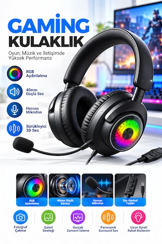 Oyuncu Kulaklığı Mikrofonlu Rgb Led Işıklı 3.5mm Type-c Pc Ps Xbox Uyumlu