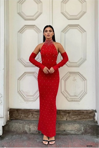 Alfa Aksesuar 03 Balıkçı Balık Abiye Kollu Elbise Uzun Kesim Yaka Kırmızı