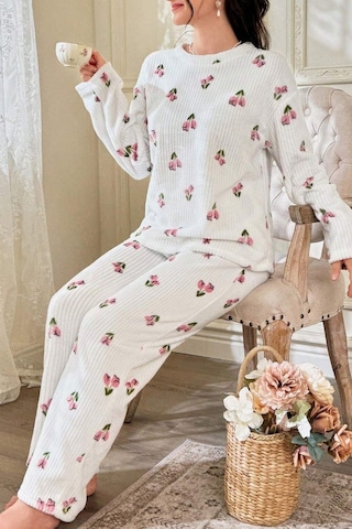 Bella Notte Çiçek Desenli Fitilli Pamuklu Uzun Pijama Takımı Kırık Beyaz