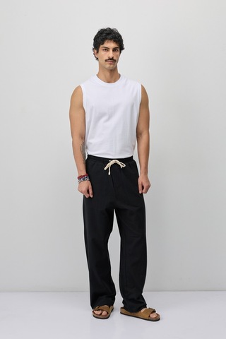 Vamos Bağcıklı Baggy Fit Keten Pantolon Siyah