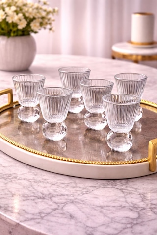 6 Kişilik Cam Elmas Ayaklı Çizgili Kahve Yanı Bardağı Bardak 50ml Şeffaf