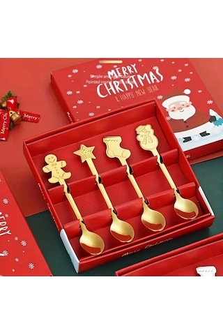 4 Lü Yılbaşı Kaşığı Seti Gold - Paslanmaz Çelik - Yılbaşı Hediyel