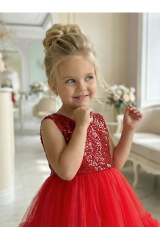 Butikhappykids Kız Çocuk Kırmızı Payetli Volanlı Tüllü Prenses Abiye Elbise 1-5 Yaş Kırmızı