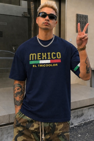 Tarz Cool Erkek Regular Baskılı Tişört Mexico Yazılı %100 Pamuk Rahat Kesim T-shirt Lacivert