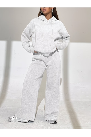 Macklin Unisex Kadın Erkek Baskısız Oversize 3 İplik Kapüşonlu Hoodie Ve Baggy Eşofman Altı Gri Melanj