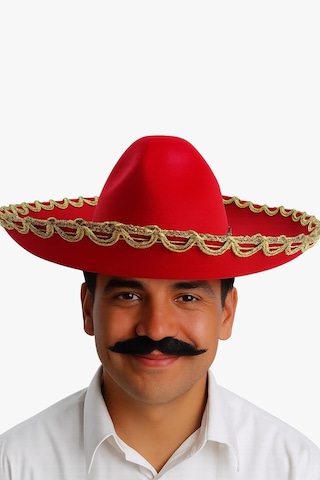 Meksika Mariachi Latin Şapkası Lüks 41cm Kırmızı Zemin Üstüne Altın Sim Kenarlıklı Parti Kostümü