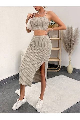 Munn Collection Kadın Kolsuz Askılı Crop Yırtmaçlı Midi Etek Fitilli Kaşkorse Takım Bej