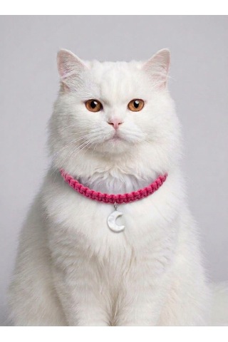 Fuşya El Örgüsü Makrome Kedi Tasması 27 Cm - Ay Figürlü Charm Şık Kedi Boyun Tasması