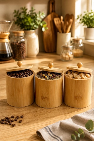 3 Lü Bambu Saklama Kutusu Kapaklı Kahve Çay Şeker Baharat Kavanozu Mutfak Düzenleyici 10x8 Cm