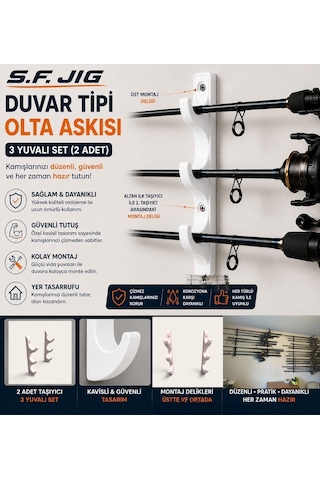 Duvar Tipi Olta Askısı 3 Yuvalı 2 Li Set Siyah Kamış Tutucu Ve Düzenleyici