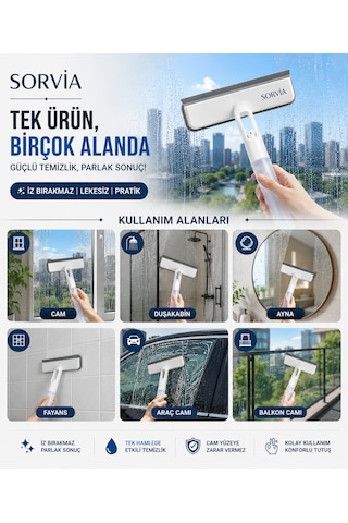 Spreyli Cam Silme Aparatı Mikrofiber Cam Sileceği Çekçekli Pencere Ayna Duşakabin Fayans Temizleyici Beyaz