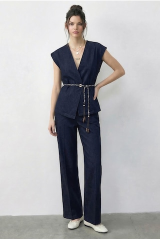 Shade Kadın Kruvaze Yaka Saten Kuşaklı Yelek Bol Pantolon Alt-üst Denim Takım 9415 60286044 - Lacivert