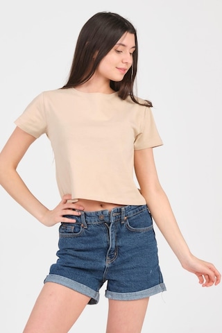 As Collection Bej Bisiklet Yaka Kısa Kol Örme Kadın Crop 001