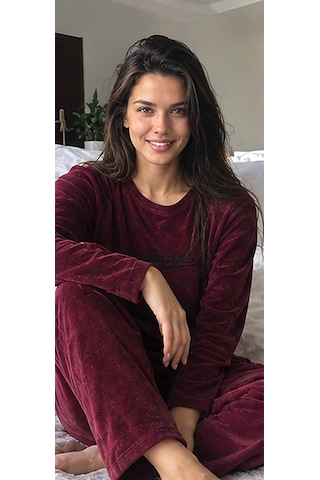 Mihra Mıhra Kadife Mürdüm Sweet Night Kadın Pijama Takımı Bordo