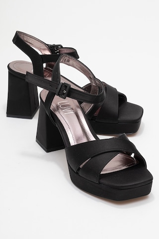 Luvishoes Lisbon Siyah Saten Çapraz Bantlı Kadın Platform Topuklu Ayakkabı Saten Siyah