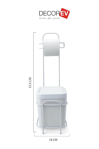 Decorev Metal Standlı Click Kapaklı Banyo Kovası & Tuvalet Kağıtlıklı Banyo Seti Beyaz