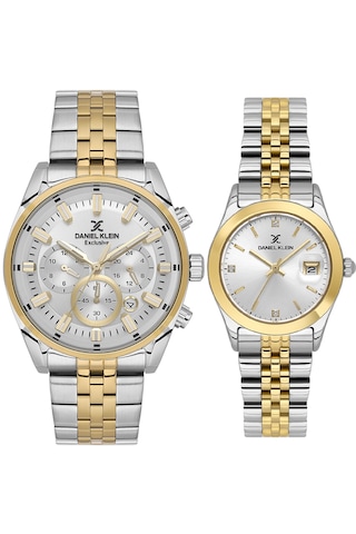 Daniel Klein 8682308449825 Bicolor Çelik Kordonlu Takvimli Sevgili Çift Kol Saatleri Altın