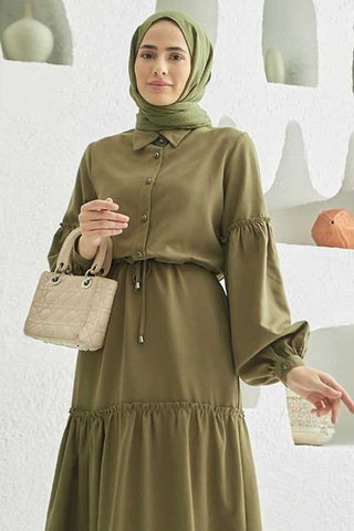 6567-carla Büzgülü Elbise Haki