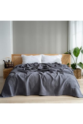 Waffle Desenli Pike Yatak Örtüsü Koyu Gri, Tek Kişilik Pike 160x230 Cm, 100% Pamuk, Hafif 4 Mevsim Kullanım Açık Indigo