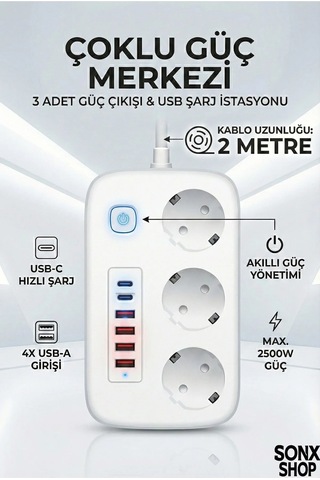 2500w Çoklu Priz 2 Metre 3 Lü Ac Priz +5 Usb Çıkışı Akım Korumalı Alev Almayan Gövde, 0 - 2 M