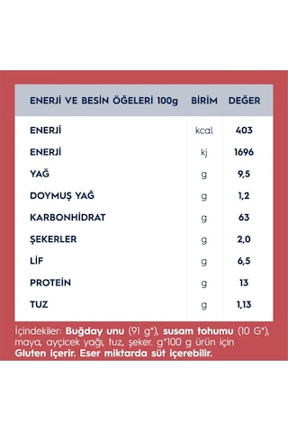 Sesam Gevrek Ekmek Susamlı Diyet Ekmek 275 Gr. X 2 Adet