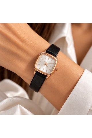 Kadın Kol Saati Siyah Deri Kordon Rose Gold
