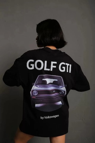 Twingold Kadın Oversize Baskılı Tişört Golf Gtı Retro Araba Desenli, Ön & Arka Dijital Baskı, Sokak Modası SIYAH