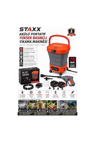 Staxx Kr70bar Yeni Nesil 21v X2 Akülü Portatif Basınçlı Yıkama Makinesi 70 Bar Köpük Tanklı Araç