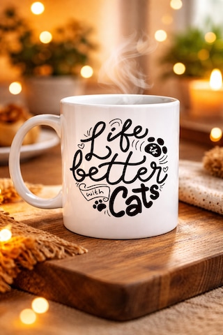 Agc Uygun Sepet Life İs Better With Cats Kedi Severlere Özel Porselen Kupa Model 59 Sevimli Tasarım Hediyelik Kahve Kupası Agc Diğer