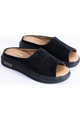 Polomia Comfort Aya Kadın Hakiki Deri Süet Cool Lastik Detay Comfort Hafif Esnek Taban Rahat Günlük Sandalet Terlik Siyah
