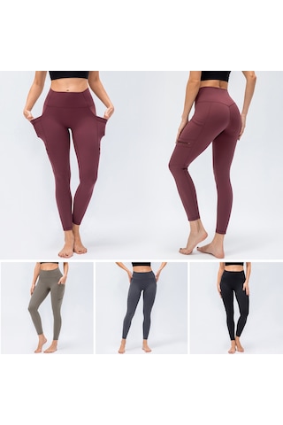 Kosona Kadınlar Yüksek Bel Dört Cep Spor Tayt - Yoga, Koşu, Bisiklet İçin Dayanıklı Nilon-spandex Gri Avrupa Numara 6/m Gri