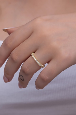 Nereze 925 Ayar Gümüş Zirkon Taşlı Gold Tek Sıra Tamtur Kadın Gümüş Yüzük