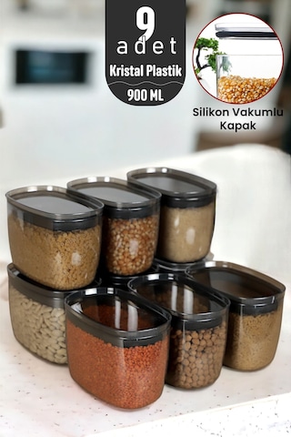 900 Ml Gerçek Vakumlu Silikon Kapaklı Kristal Erzak Bakliyat Saklama Kabı Seti Baharatlık 9 Antrasit