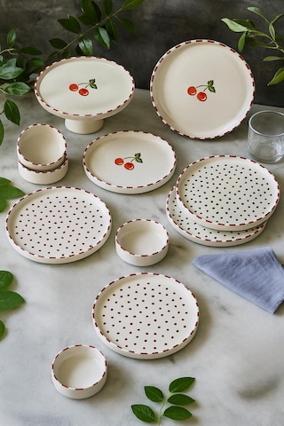 11 Parça 6 Kişilik Cherry Stackable Kahvaltı Takımı - Kirazlı Kahvaltılık Sunum Tabağı,kırmızı Yeşil Diğer