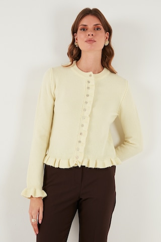 Lela Premium Pile Detaylı Regular Fit Yuvarlak Yaka Triko Bayan Hırka 680Hi00038 Sarı