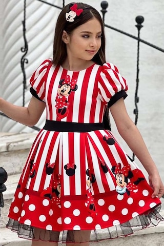 Riccotarz Kız Çocuk Üzeri Mc Maymun Baskılı Şerit Ve Çizgi Detaylı Kırmızı Elbise Kırmızı