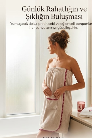Belinis Ponpon Detaylı %100 Pamuklu Kadın Banyo Ve Plaj Havlusu Bej Ayalana Bilir Beden S M L Xl
