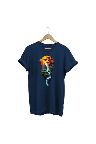 Manzara Ağaç Güneş Dağ Ve Nehir Baskılı %100 Pamuk Regular Fit Bisiklet Yaka Lacivert T-shirt Lacivert