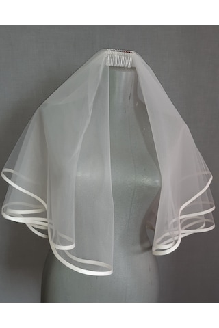 Suzanna Moda Saten Biyeli Duble Çift Kat Mini Gelin Duvağı 60 Cm Boy Taraklı Kırık Beyaz