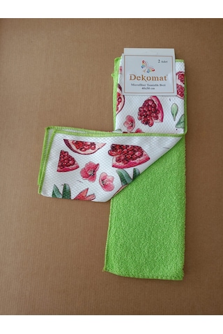 Microfiber Temizlik Bezi 40x50 Cm 2 Adet Nar Tanesi Bir Adet Baskılı Bir Adet Naturel Yeşil