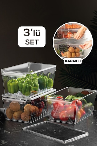 3'lü Kapaklı Buzdolabı Düzenleyici Buzdolabı Içi Düzenleyici Organizer 14 X 32,5 X 20 Cm Şeffaf