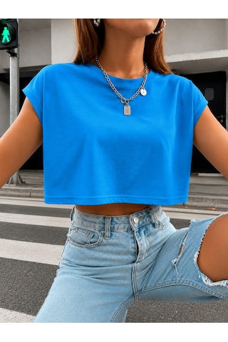Bonnywıll Bonnywılll Bisiklet Yaka Düşük Kol Crop T-shırt Mavi