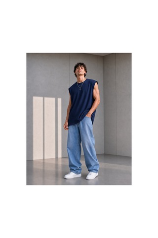 Thiff Erkek Oversize Kolsuz T-shirt Tişört Atlet Lacivert