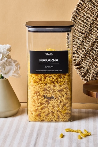 Peter Bambu Kapak Borosilikat Dikdörtgen Cam Kavanoz 1800 Ml 8x12x25 Cm 4 Adet Etiketli Seffaf Şeffaf