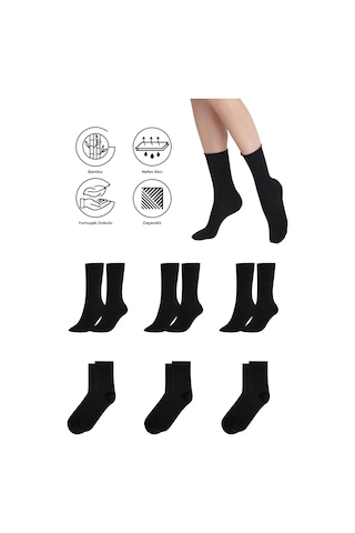 Bambu Kadın Lastiksiz Siyah Soket Dikişsiz Premium Çorap 3'lü Pkt Siyah