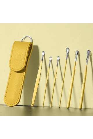 Chavin Deri Çantalı 6 Parça Çelik Kulak Temizleme Seti Sarı