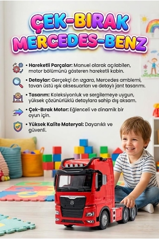 Mercedes Actroc Çek-bırak Mekanizmalı Metal Gerçekçi Tasarımlı Devrilebilir Kabinli Oyuncak Tır Kırmızı